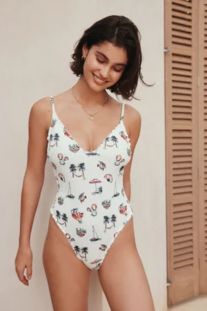 White Conversational Broderie Plunge Tummy Control Swimsuit