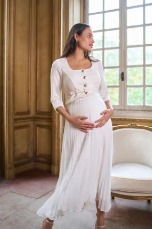 Seraphine White Ivory Occasion Maternity & Nursing Bridal Dress With Tweed Bodice & Floaty Pleated Skirt