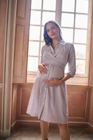 Seraphine Taupe & White Stripe Maternity & Nursing Midi Wrap Shirt Dress