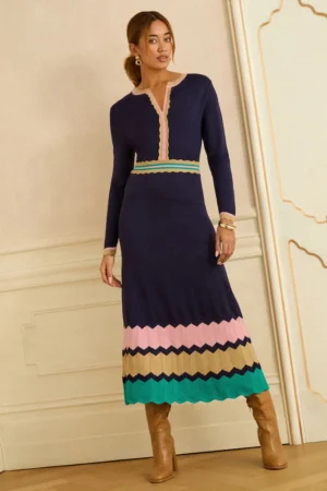 Love & Roses Navy Notch Neck Knitted Midi Dress
